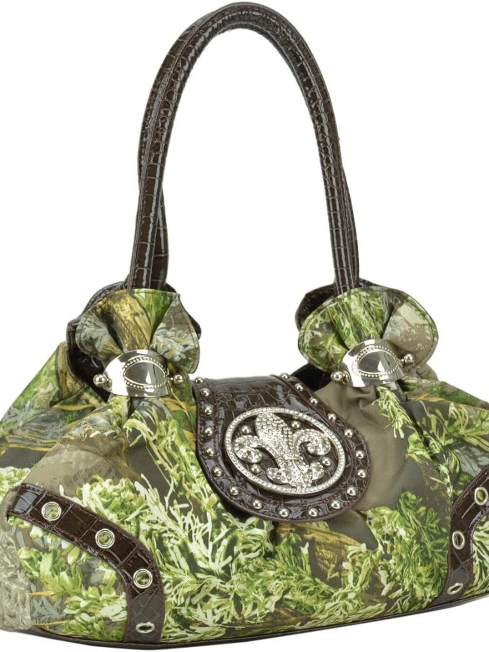 Studded Shoulder Bag Camouflage with Rhinestone Fleur De Lis Western Style Handb